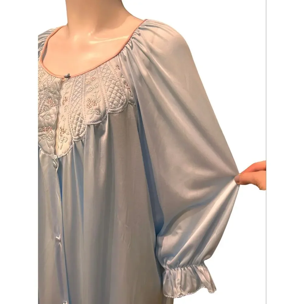 Vintage Vanity Fair Blue Nylon Nightgown Robe M Embroidered Floral USA -